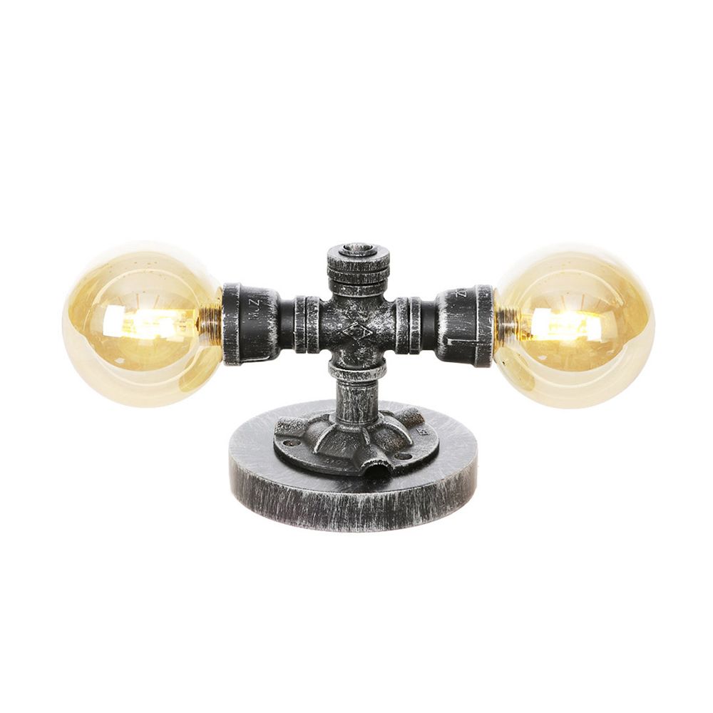 Lámpara de mesa industrial con pantalla redonda, 2 luces, luz de escritorio de vidrio transparente/ámbar en plata antigua con base