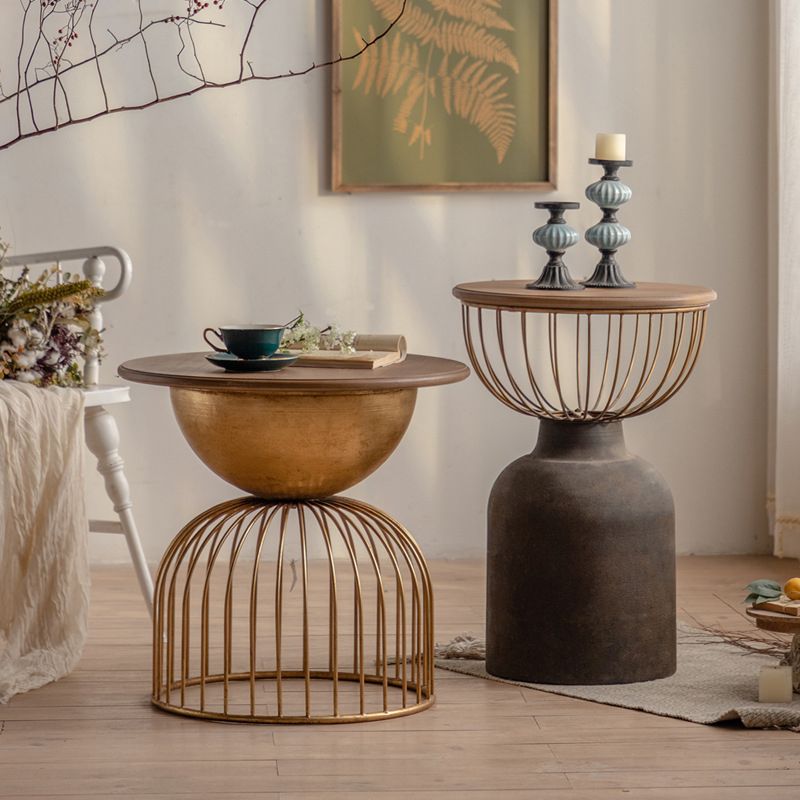 Antique Brass/Black End Table French Country Round Wood Side Table