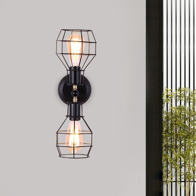 2 Heads Metal Wall Lighting Fixture Industrial Black Torpedo Cage Study Room Wall Mount Light