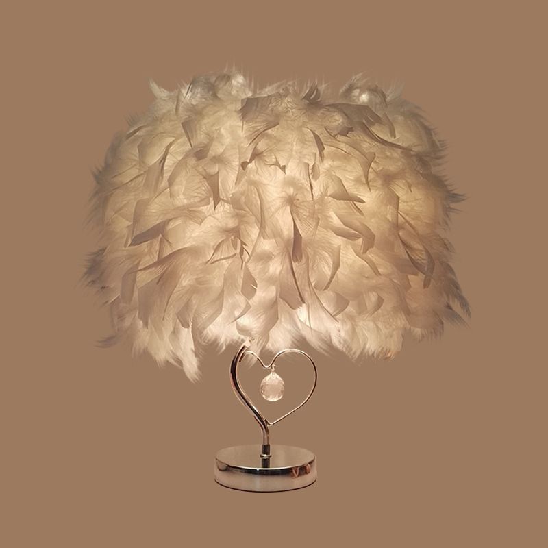 Modern Single Nightstand Lamp Red/White/Pink Bucket Shaped Table Light with Feather Shade and Crystal Drop