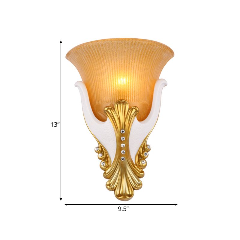 1 Light Ribbed Glass Wall Light Vintage White/Yellow Bell Shaped Bedside Sconce Light, 9.5"/13" Wide