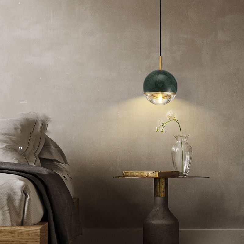 Modern Style Spherical Hanging Light All Copper Marble 1 Light Pendant Lamp for Bedside