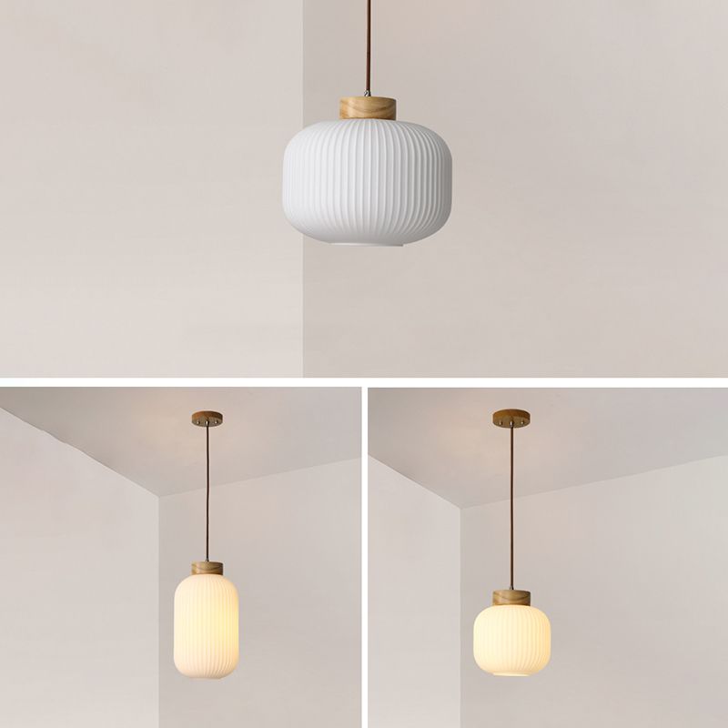 White Wooden Pendant Light in Modern Concise Style Glass Drum Hanging Light for Dining Room