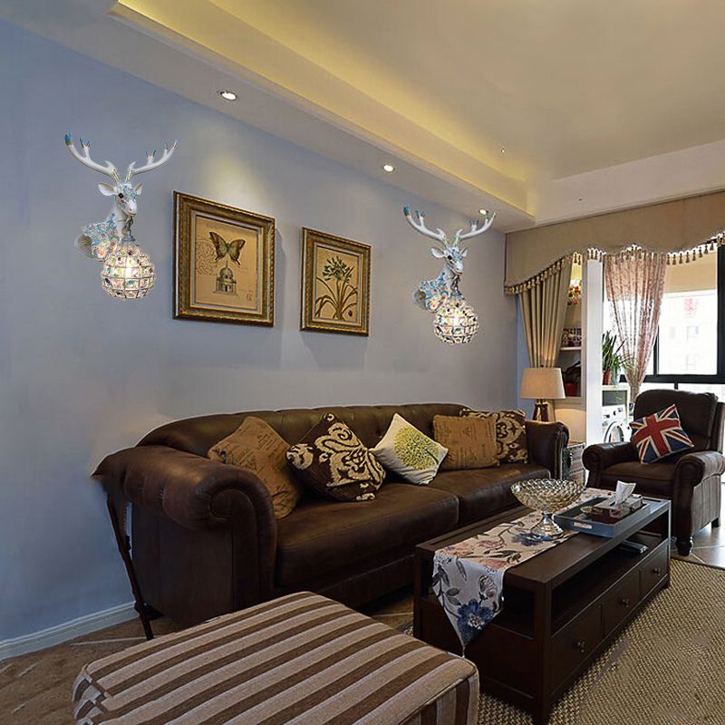 Application de cerf traditionnelle 1 Éclairage mural en résine lumineuse en noir / rose / jaune pour chambre avec une nuance de cristal de gouttelettes, droite / gauche