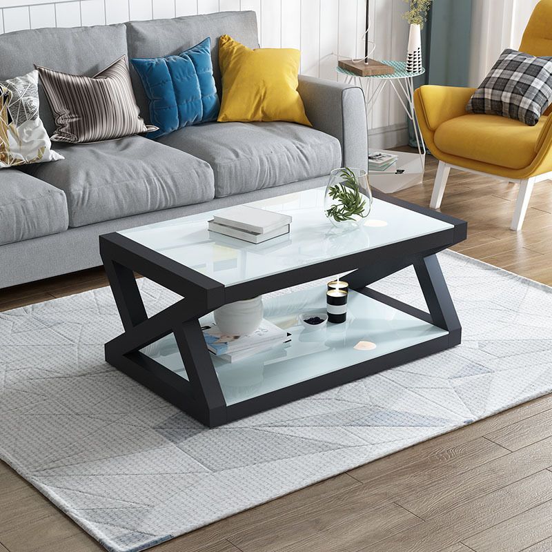 Abstract Base Rectangular Modern Style Glass Table Metal Bottom Frame Coffee Table