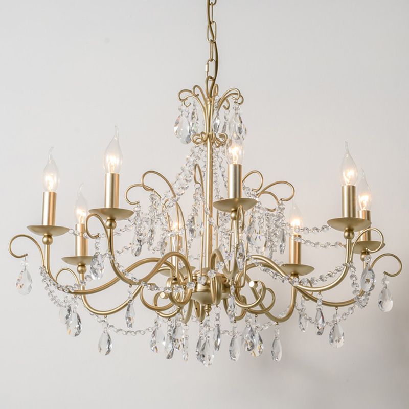 Frosted Gold French Style Chandelier Light with Candlestick Metal Multi Light Pendant with Clear Crystal