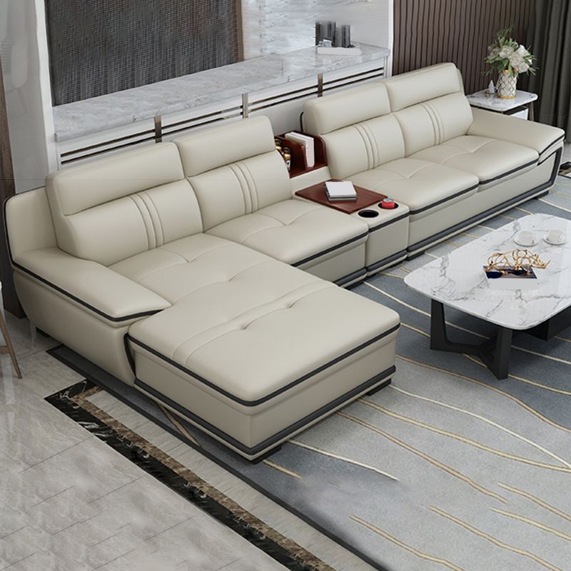 Tufted Pillow Top Arm Sectional Modernism Beige Genuine Leather Sofa&chaise