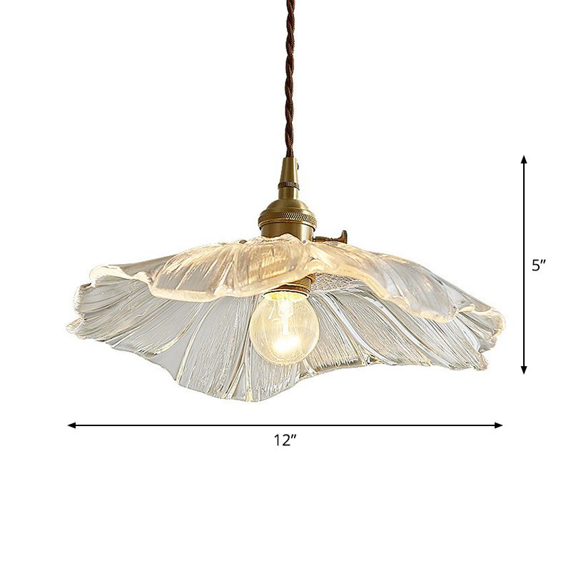 Antique Floral Pendant Light 1-Light Ruffle Glass Hanging Light Fixture for Restaurant