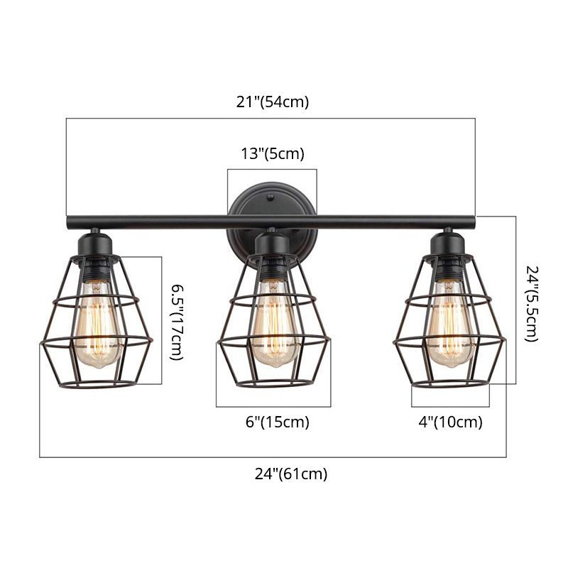 3 Lights Bathroom Vanity Light Iron Black Finish Wall Mounted Mirror Front