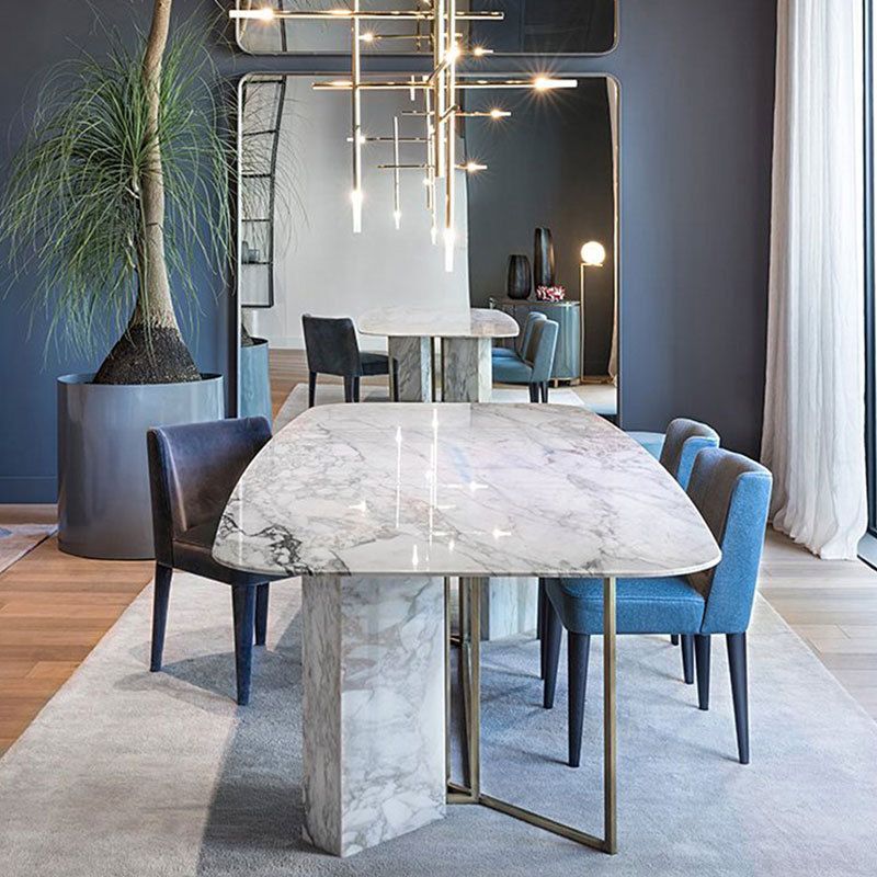 Glam Style Faux Marble Table Dining Rectangle Table with Metal Legs for Kitchen