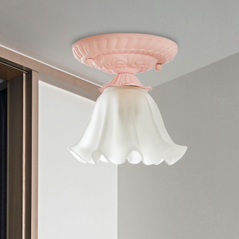 Scalloped Metal Ceiling Light Country 1 Bulb Living Room Flush Mount Lighting in White/Pink/Blue