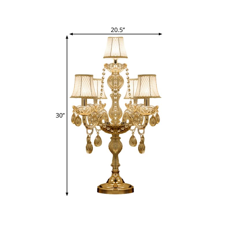 5/6 têtes Candelabra Table Light Traditional Gold Crystal Droplets Tablette de nuit avec / Sans nuance de tissu de cloche blanche