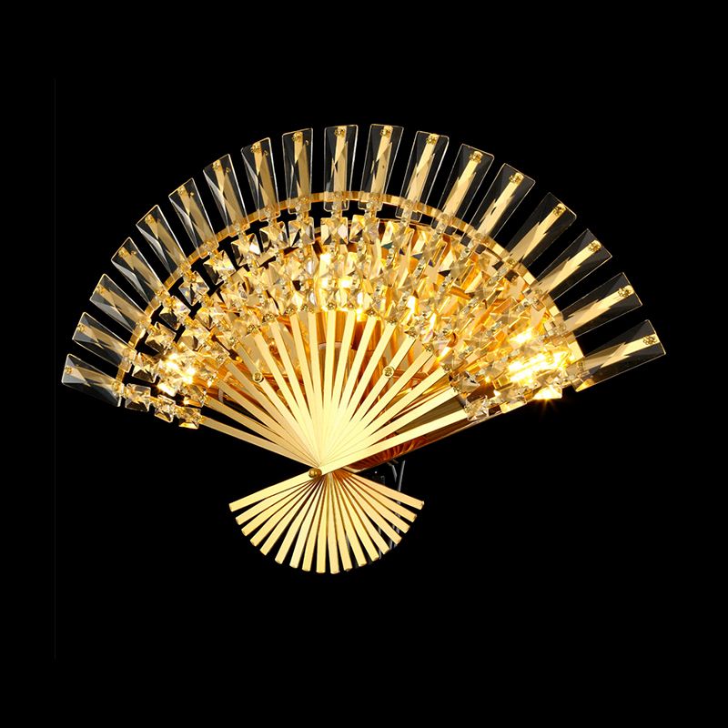 Goldene fächerförmige Wandleuchte im Vintage-Stil, 3 Lichter, Wandleuchte aus Metall mit klarer Kristallverzierung