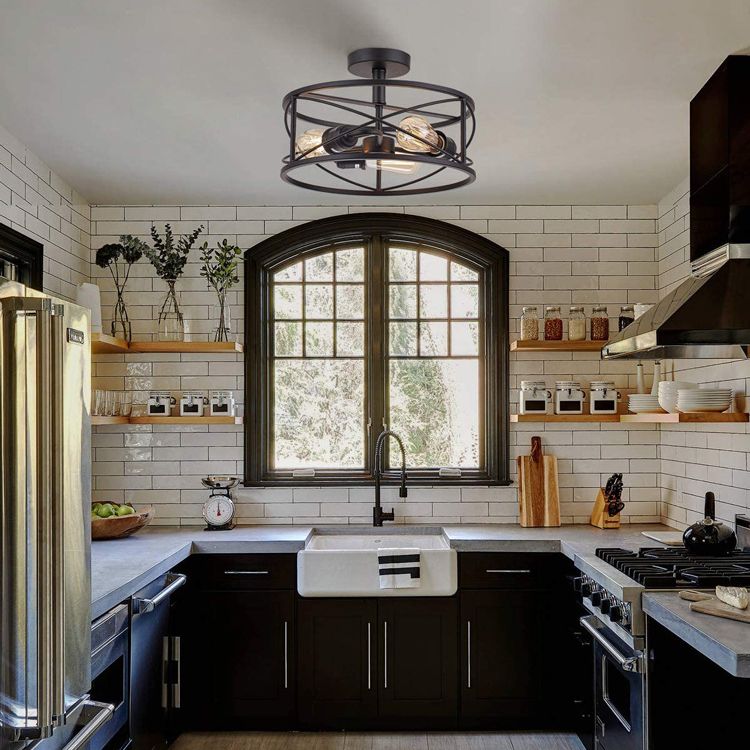 Metal Cage Flush Monte Light Fixture Industrial Retro Dining Room Semi Flush Light