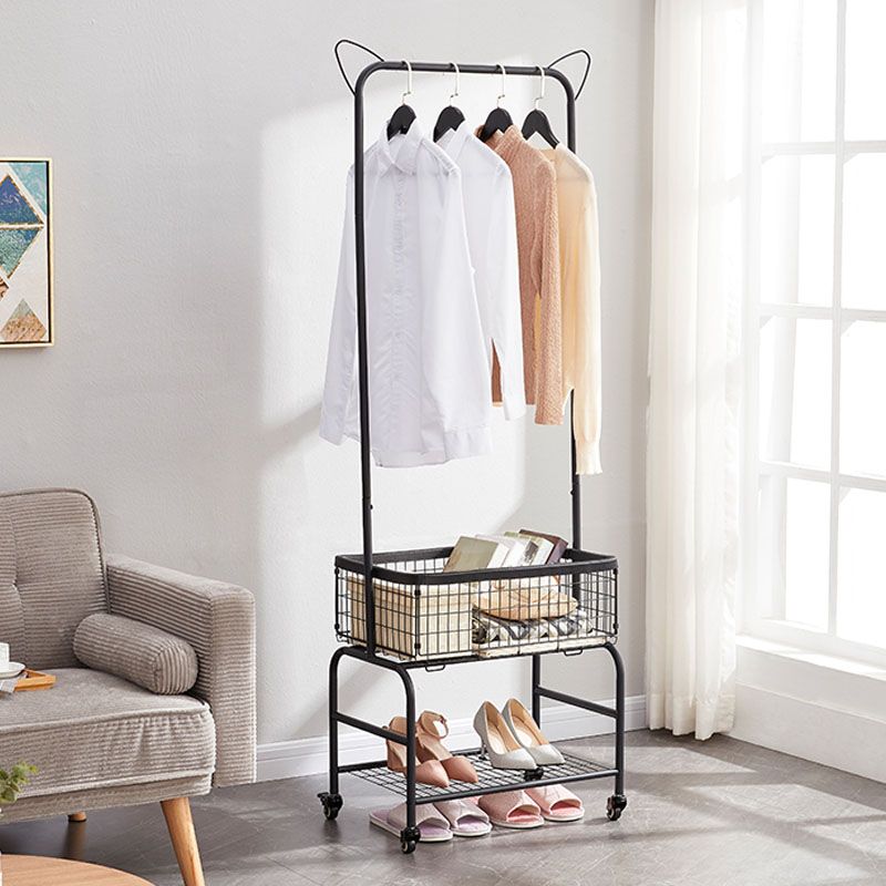 Contemporary Metal Coat Hanger Storage Basket Lower Shelf and Castor Entry Hall Tree