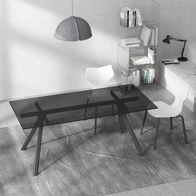 Contemporary Rectangular Glass Top Dining Table with Steel Legs