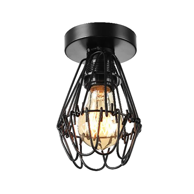 Suspension encastrée à cage industrielle avec motif pétale, éclairage de plafond en métal à 1 lumière en noir pour café