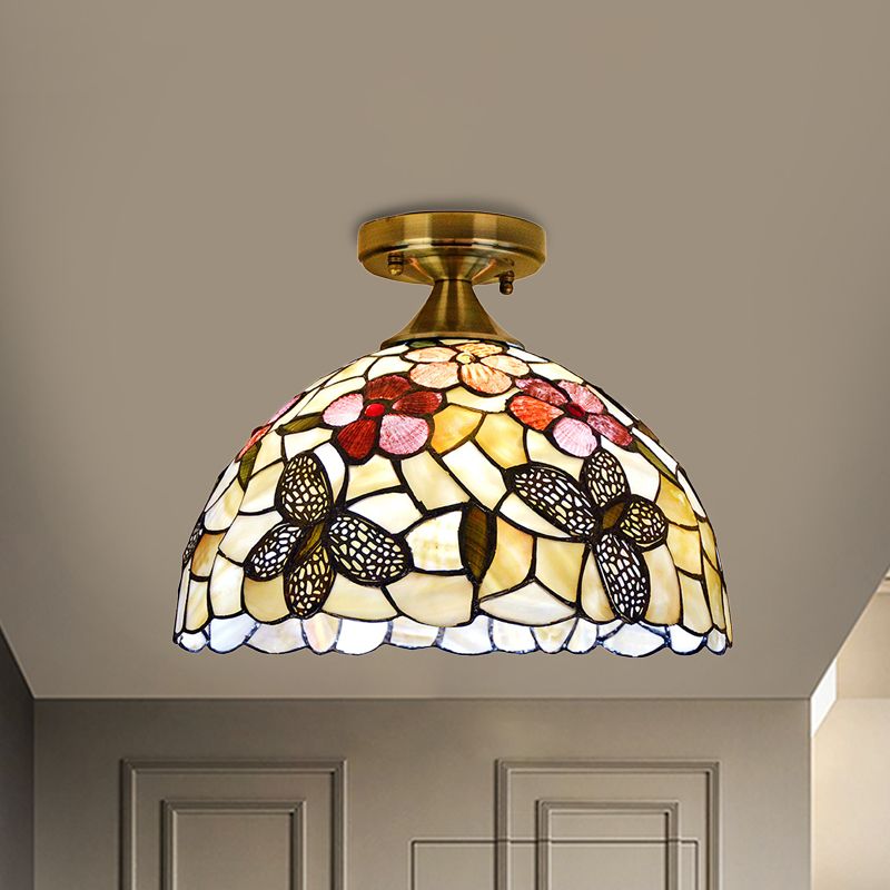 Single Kitchen Ceiling Flush Light Tiffany Brass Flush Mount with Flower-Butterfly Shell Shade
