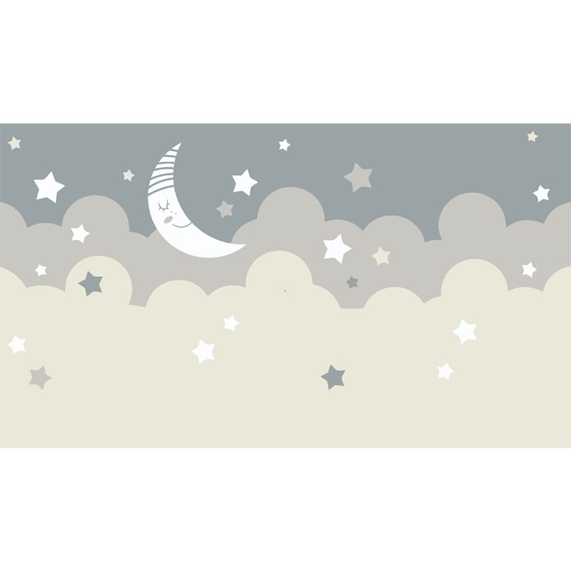 Beige Cartoon Wallpaper Mural Large Crescent and Starry Sky Wall Covering for Room