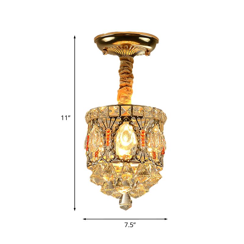 Crystal Encrusted Cylinder Ceiling Light Antique Style 1 Head Hallway Semi Flush Mount in Gold with Diamond Drops