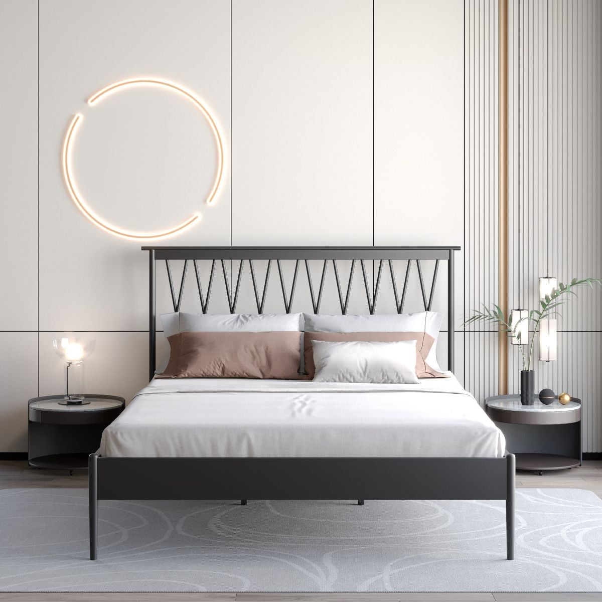47.24" Height Metal Frame Standard Bed with Rectangle Open-Frame Headboard