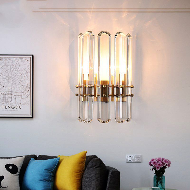 Cylinder Wall Lighting Modern Style Metal 2 Bulbs Golden Sconce Light with Clear Crystal Prism for Living Room