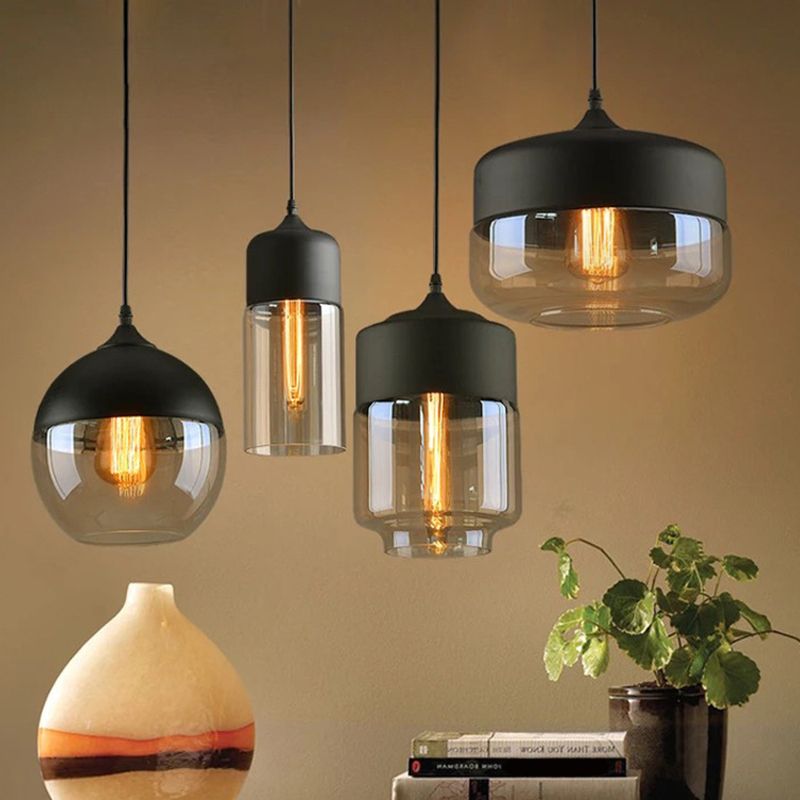 Lampada ombreggiata in vetro appeso a sospensione industriale Riduccante a sospensione Black in nero