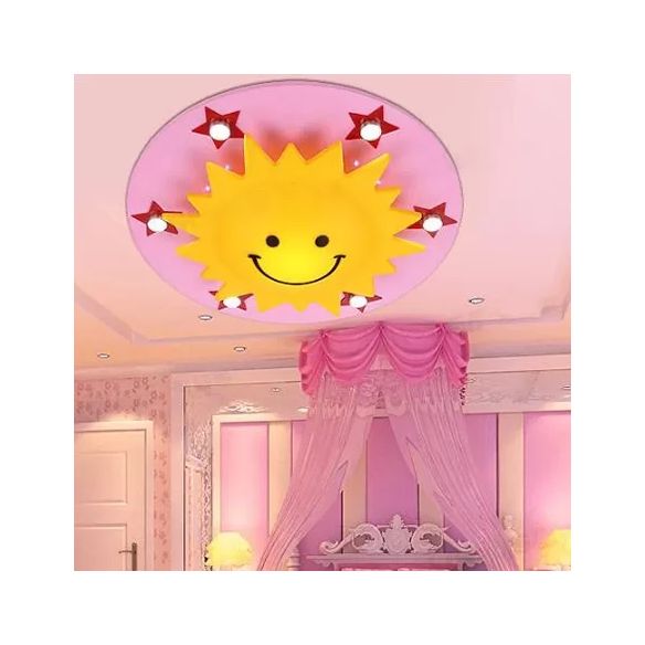 Cartoon Smiling Sun Flush Ceiling Light Wood Ceiling Mount Light in Yellow for Game Room