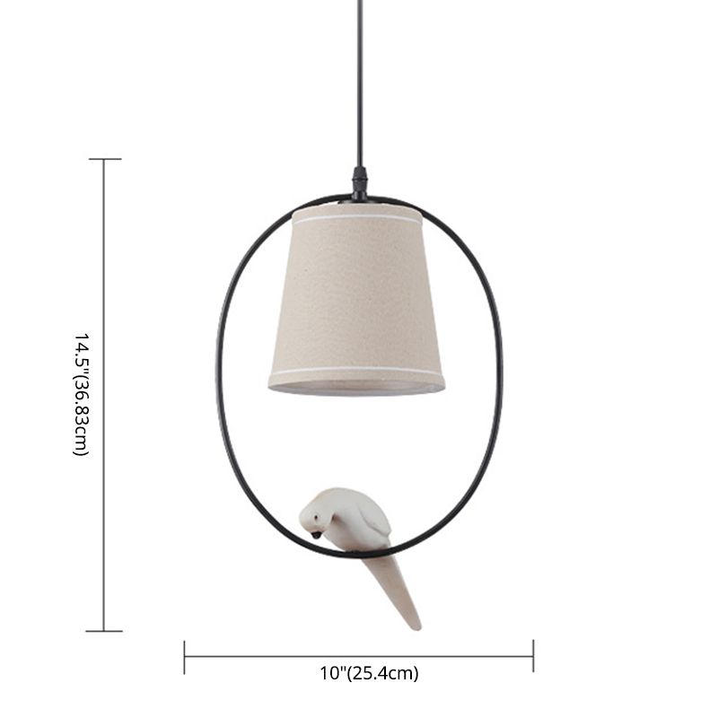 Flared Fabric Pendant Ceiling Light Rustic White Pendant Light Fixture with Bird Decor