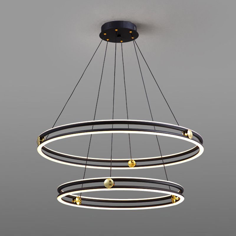 Hollow Ring Shape Hanging Chandelier Light Modern Multi Tiered Black Pendant Lamp with Frosted Silicone Shade