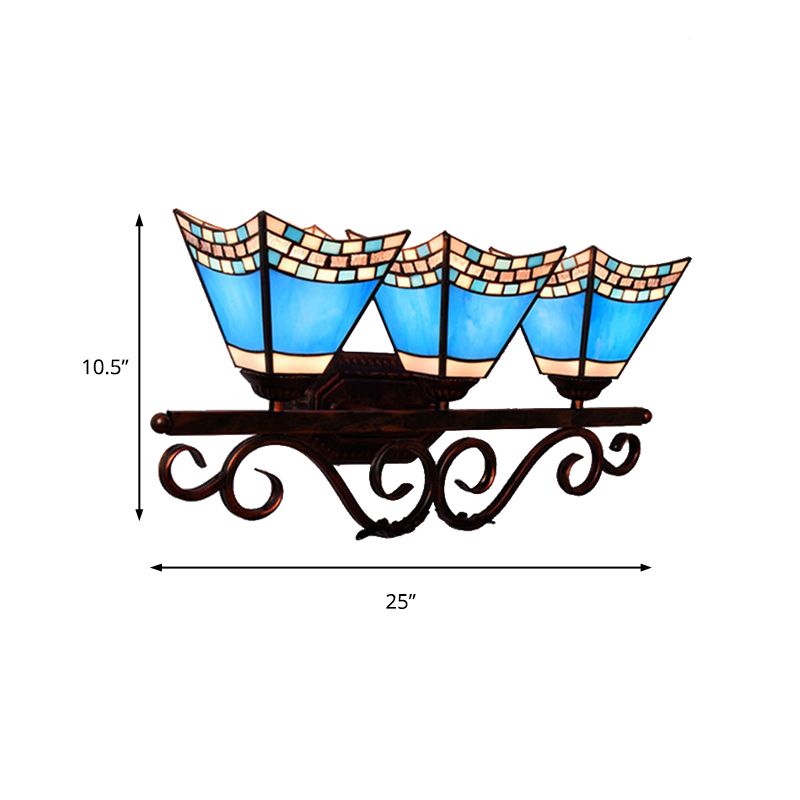 Nautical Vanity Light with Pyramid Shade Stained Glass 3 Heads Wall Sconce Lighting