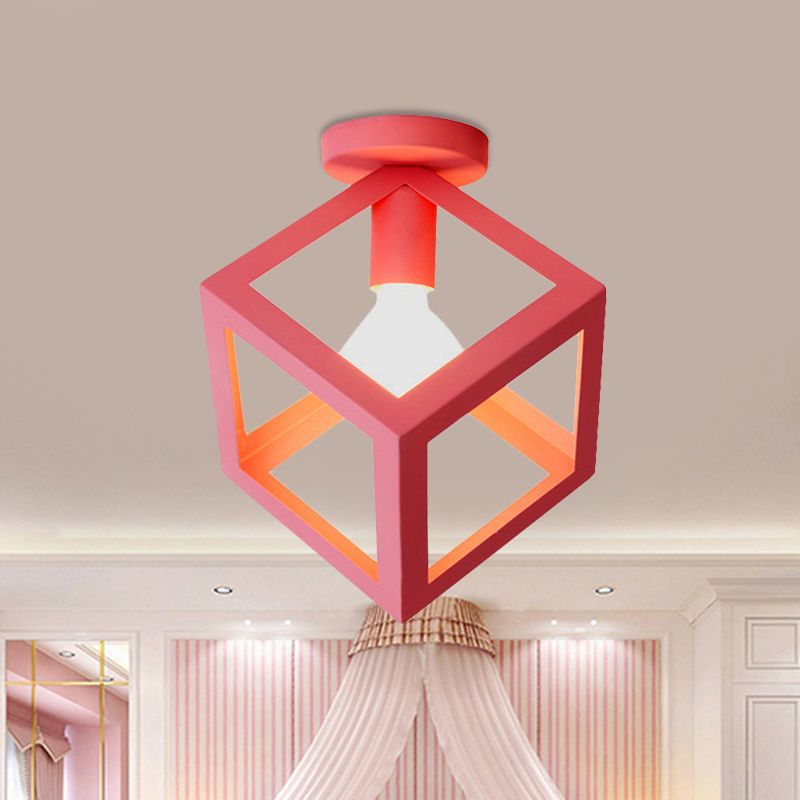 1 Light Squared Ceiling Mounted Light with Wire Guard Loft Style Black/Gray Metallic Semi-Flush Lighting for Bedroom