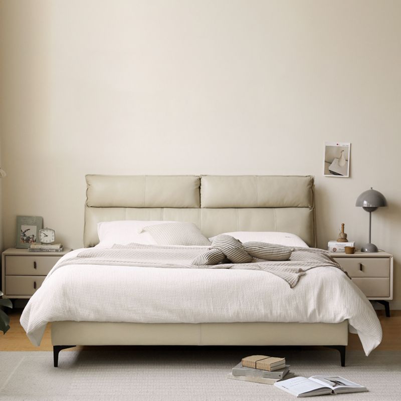 Leather Standard Bed Contemporary Wood Frame Bed with Upholstered Headboard