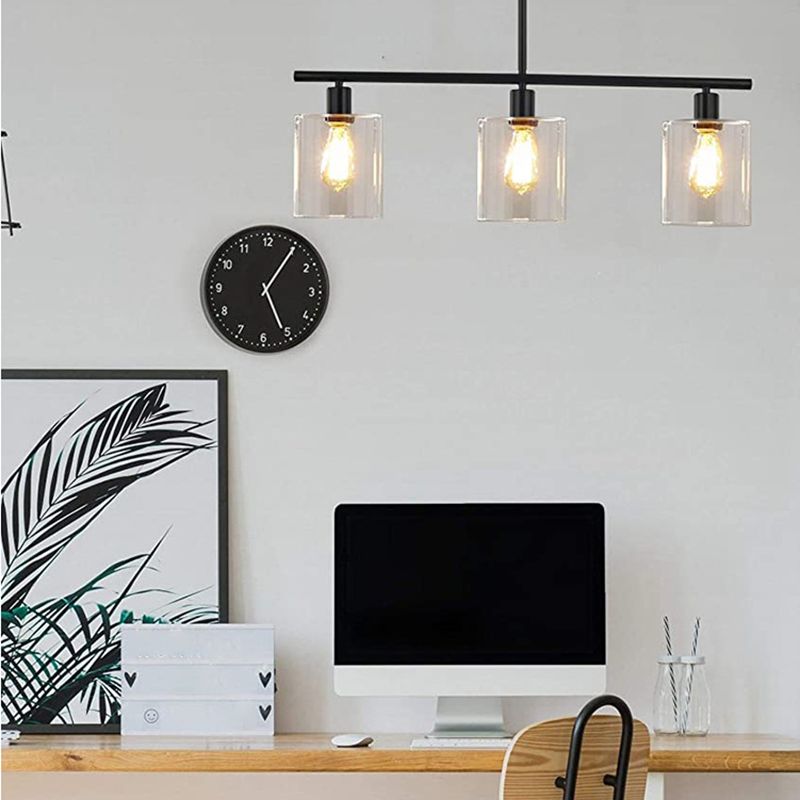 Cylindrical Glass Island Lamp Industrial 3 Lights Dining Room Hanging Lamp in Black