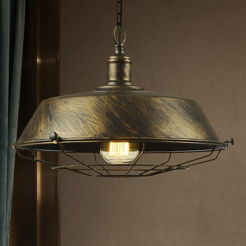 Iron Barn Hanging Light with Wire Guard Antique Style 10"/14"/18" Dia 1 Head Restaurant Pendant Light Fixture in Brass/Bronze/Black