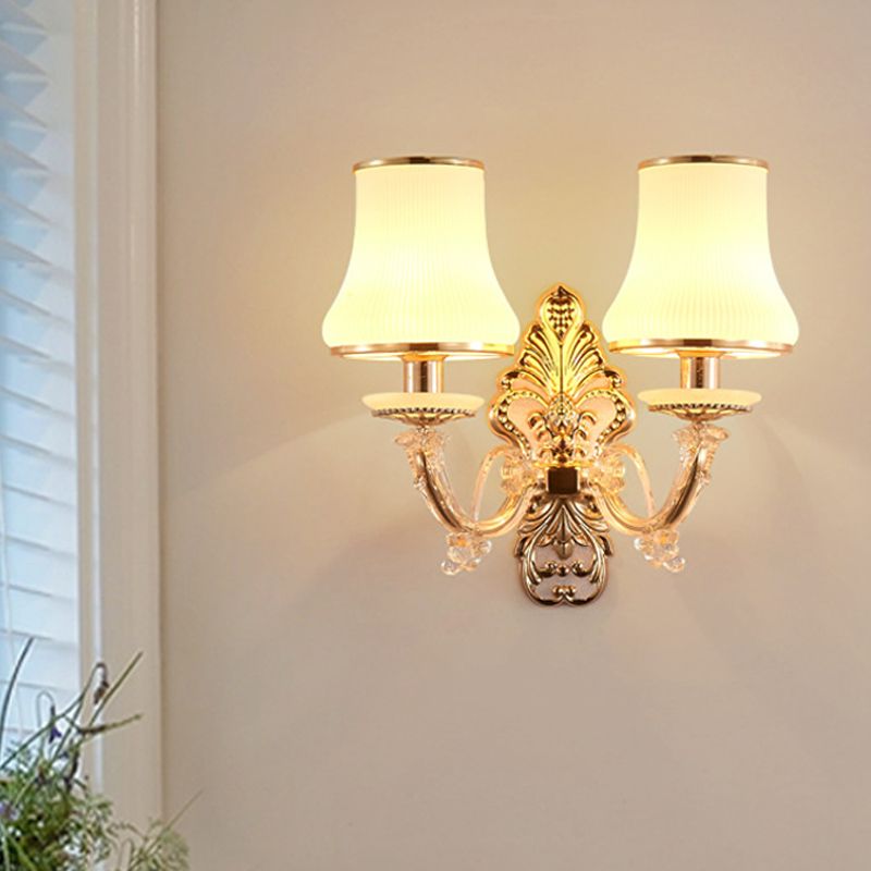 2 Heads Tapered Sconce Light Rural Gold Milky Glass Wall Mounted Lighting with Crystal Ball Droplet
