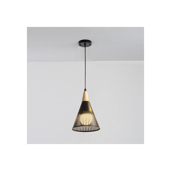 Modern Wood Finish Pendant Light with Cone Shade Hollow Design Metal Hanging Lamp for Restaurant