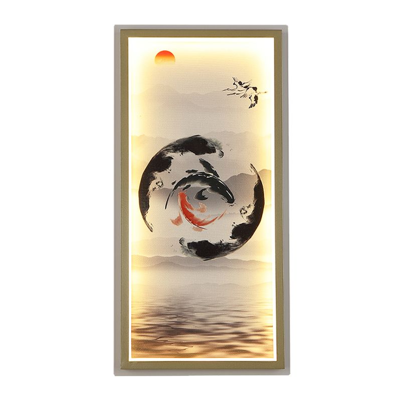 Chinese Carps Painting Fabric Mural Lamp LED Wall Sconce Light in Black and Red for Dining Room