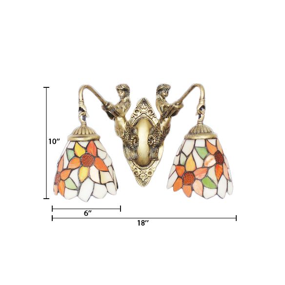 Brass Bell Sconce Light Baroque 2 Lights Multicolored Stained Glass Wall Mount Light