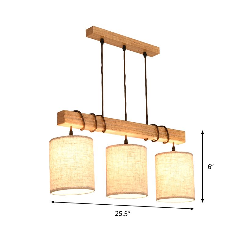 Modern Cylinder Island Lighting Fabric 3 Heads Dining Room Hanging Ceiling Light in Wood
