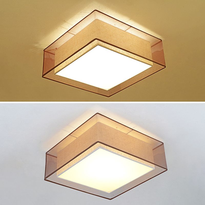 Brown Square Ceiling Light in Traditional Concise Style Wrought Iron Flush Mount with Fabrics Shade