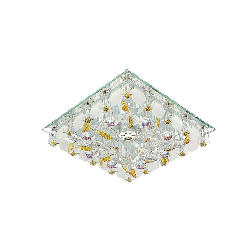 Small Squared LED Flush Ceiling Light Modernist Yellow Crystal Flush Mount Lighting with Fish Design, Warm/White Light