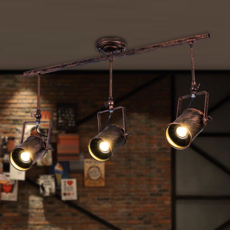 Luz de riel cilíndrica de estilo antiguo, lámpara de techo semiempotrada de hierro forjado de 1/2/3 luces en óxido oscuro para cafetería