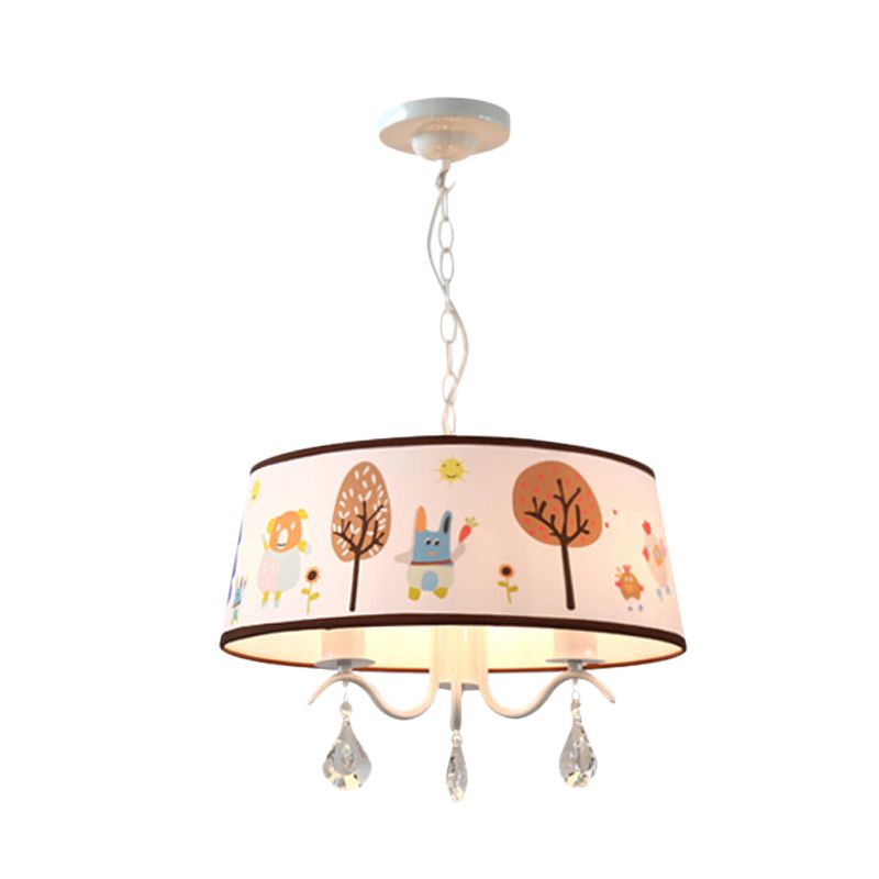 Cartoon 3/5 Heads Chandelier White Drum Pendant with Forest Pattern Fabric Shade and Crystal Drop
