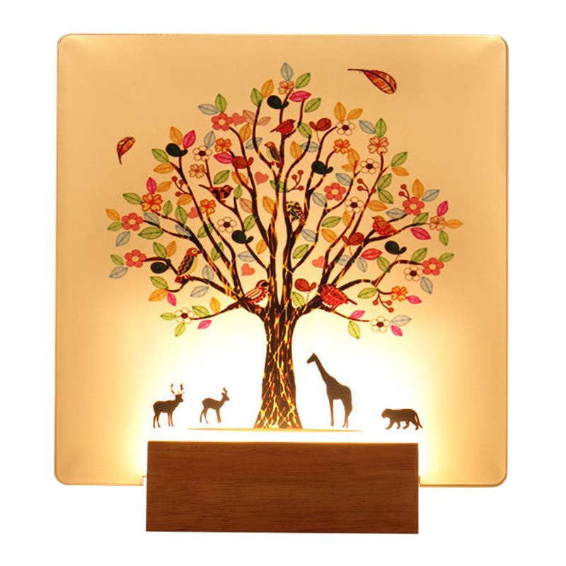 Wood Square Tree and Animal Wall Mural Light Chinese Style LED Acrylic Wall Lighting Fixture