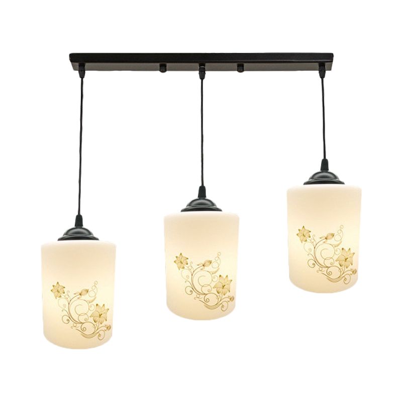 Cylinder Dining Room Multi Ceiling Light Modern White Printed Glass 3-Head Black Hanging Pendant with Linear/Round Canopy