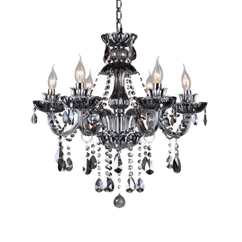 6/8 Lights Candle Chandelier Lighting Vintage Crystal and Glass Hanging Pendant Light with Curved Arm in Smoke Grey