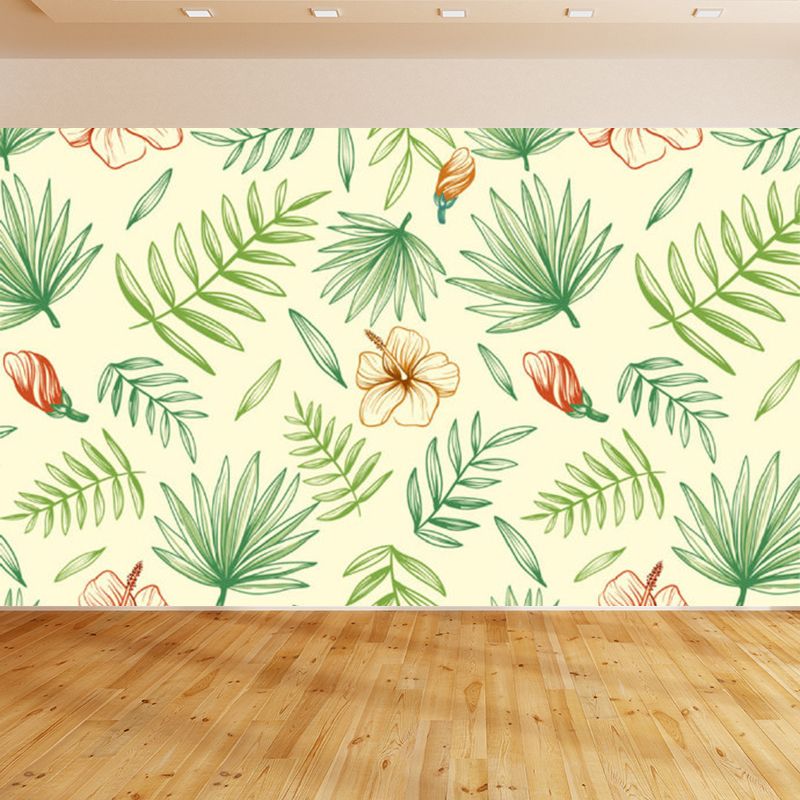 Green Flowers and Leaves Mural Wallpaper Moisture-Proof Wall Art for Dining Room