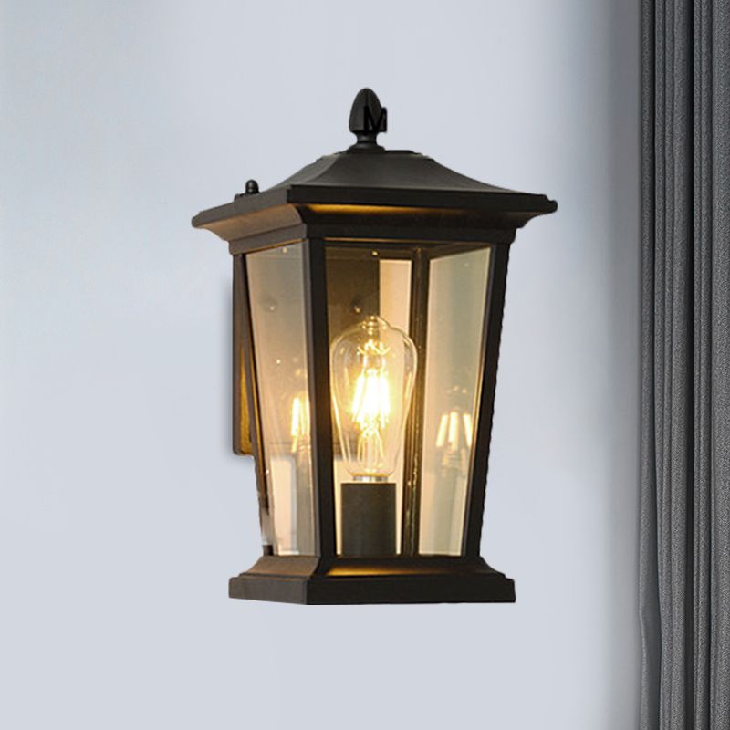 1-Head Flush Wall Sconce Traditional Porch Wall Mounted Lighting with Pavilion Dimpled Glass Shade in Black/Brass