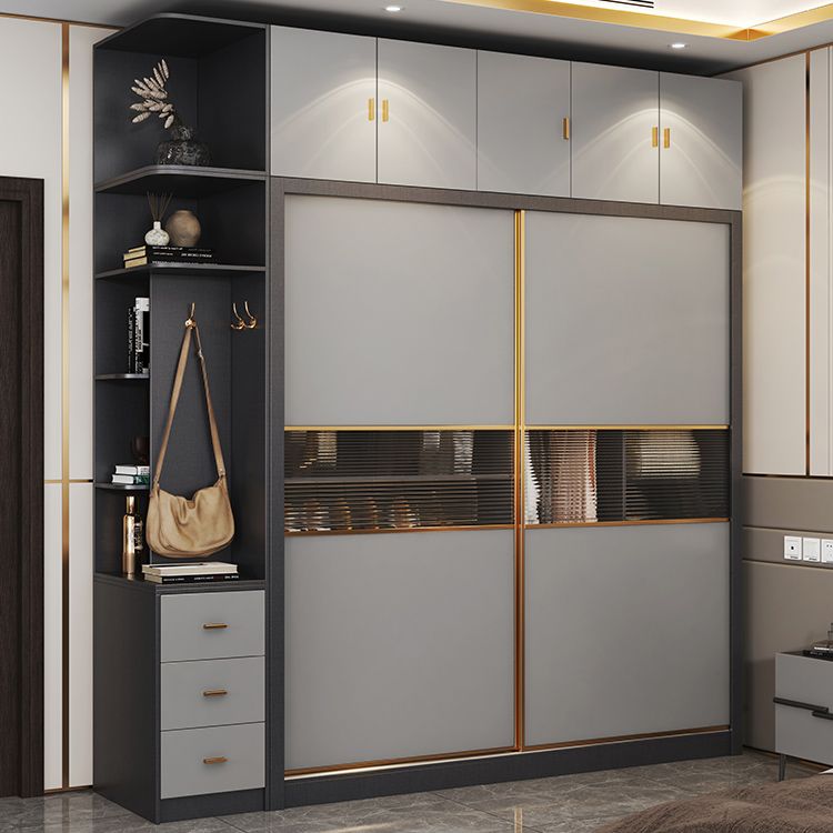 Grey Wardrobe Cabinet with Drawer Modern Wardrobe Armoire for Home